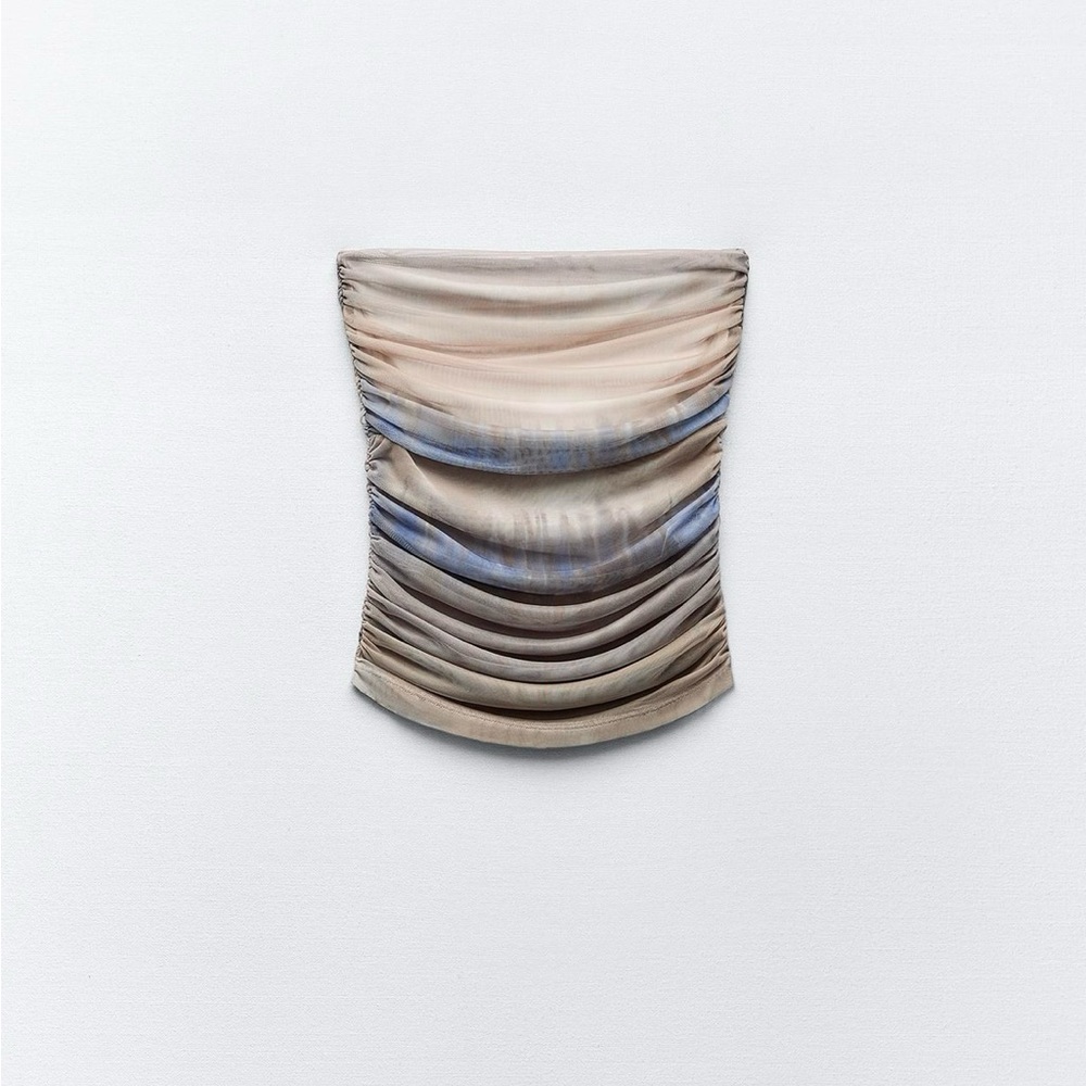 Zara Tulle Ruched Strapless Top in Beige and Blue